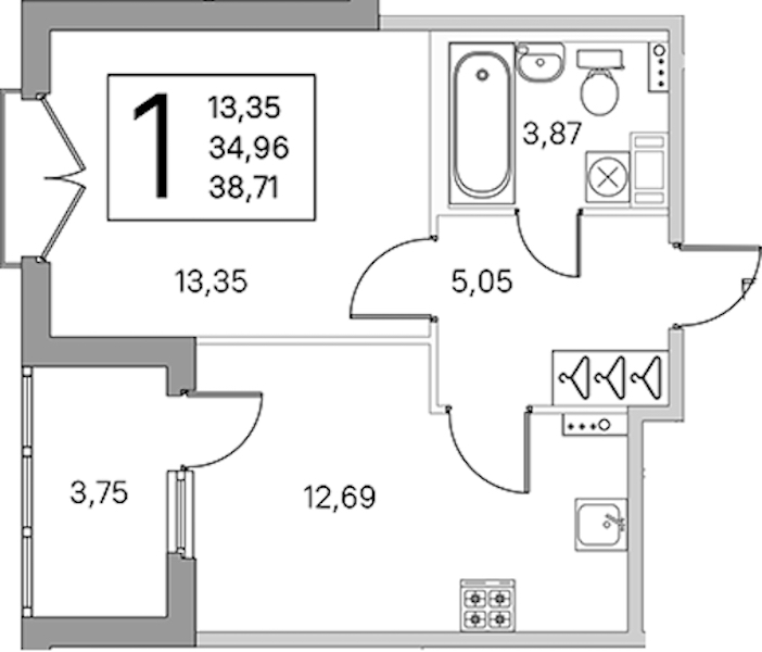 1-комнатная квартира 36.84 м², 3/4 эт., ЖК «Любоград в Стрельне»